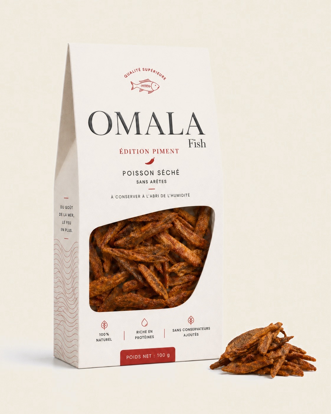 OMALA Fish Édition Piment — Sachet de poisson séché premium sans arêtes au piment, 100 g